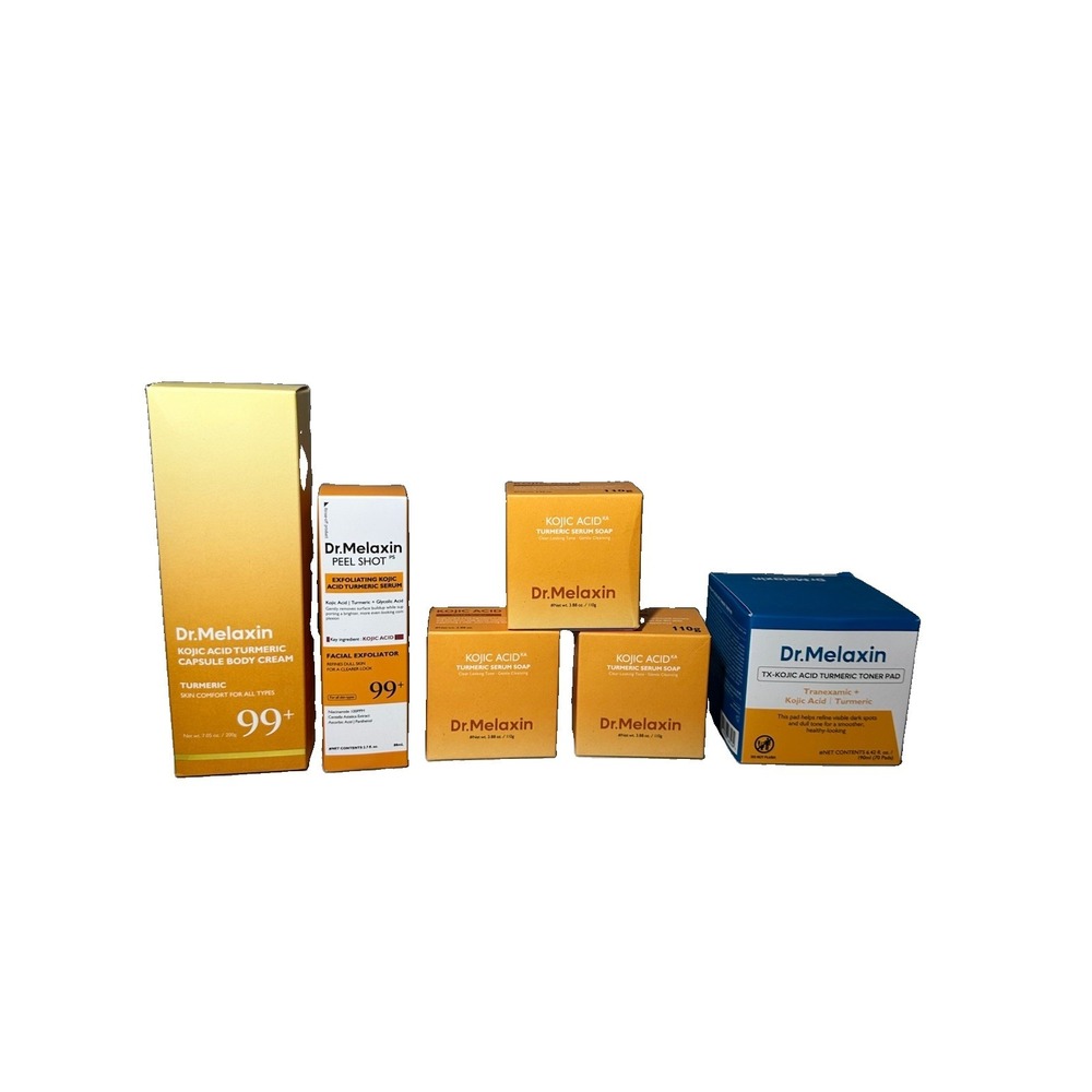 Dr.Melaxin Kojic Acid Turmeric Skincare 6pc Set Body Cream Soap Serum Pads